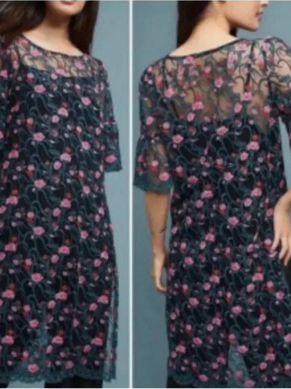 Anthropologie Moulinette Soeurs Black Sheer Tunic with Pink Floral Embroidery